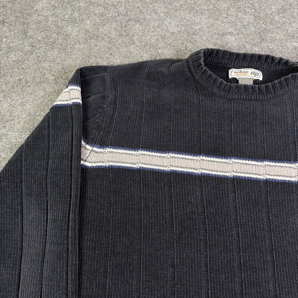 Urban Pipeline Mens Navy Blue Ribbed Crewneck Sweater Grey Chest Stripe Medium - Picture 6 of 6